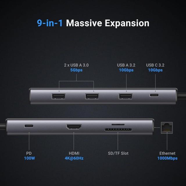 Alt view image 2 of 7 - UGREEN USB C Hub 9 in 1 10Gbps USB C 3.2 & USBA 3.2 4K 60Hz HDMI, 100W Power Delivery, SD/TF Card Reader Gigabit Ethernet for MacBook Pro/Air,iPhone 15 Pro/Pro Max, Thinkpad and More