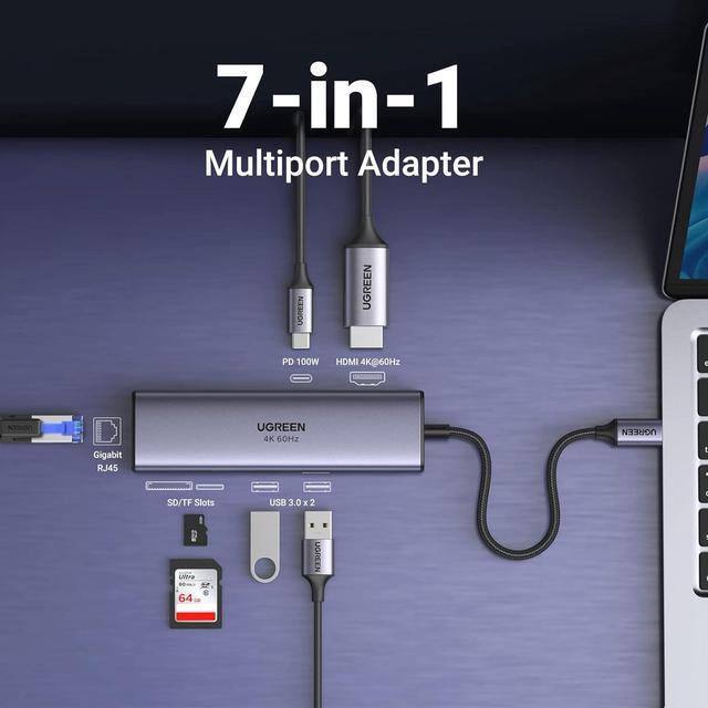 Alt view image 2 of 7 - UGREEN USB C Hub 7 in 1 Gigabit Ethernet 4K@60Hz HDMI, 100W PD Charging, SD/TF Card Reader, 2 USB A Data Ports Compatible with Mac M1, M2, M3, iPad, iPhone 15 Pro/Pro Max, Steam Deck