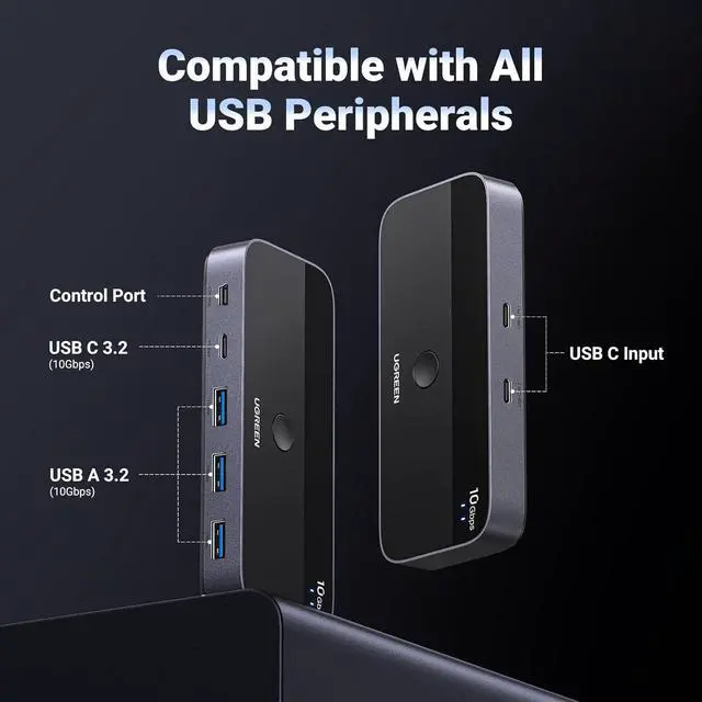 Alt view image 5 of 6 - UGREEN 10Gbps USB C Switch 2 Computers Share 4 USB 3.2 Ports, USB Switcher Selector for PC Laptop Keyboard Mouse Webcam USB-Microphone, USB Switch Adapter with 2 USB C to C Data Cables and Remote