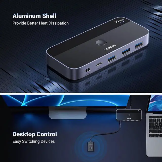 Alt view image 6 of 6 - UGREEN 10Gbps USB C Switch 2 Computers Share 4 USB 3.2 Ports, USB Switcher Selector for PC Laptop Keyboard Mouse Webcam USB-Microphone, USB Switch Adapter with 2 USB C to C Data Cables and Remote
