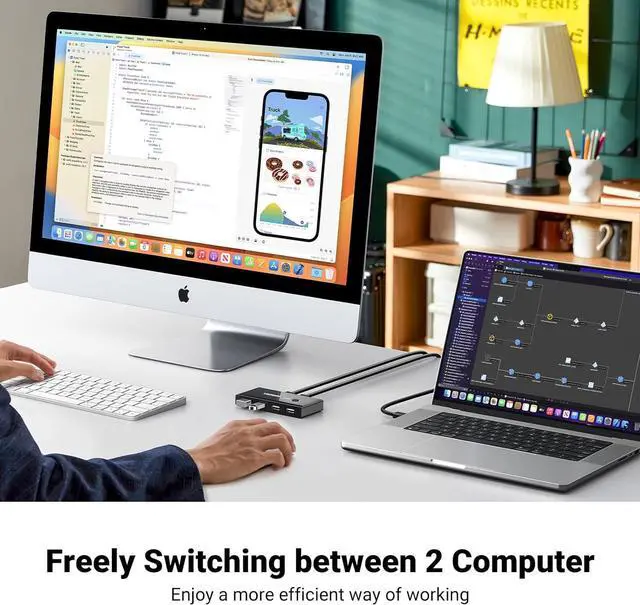 Alt view image 3 of 6 - UGREEN USB Switch Selector 2 Computers Sharing 4 USB Devices USB 2.0 Peripheral Switcher Box Hub for Mouse Keyboard Scanner Printer PCs with One-Button Swapping and 2 Pack USB A to A Cable