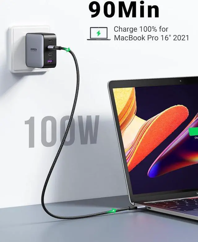 Alt view image 2 of 7 - UGREEN USB C to USB C Cable 2-Pack 10FT, 100W USB C Charger Cable for iPhone 15/15 Plus/15 Pro/15 Pro Max, MacBook Pro, iPad Pro, Dell XPS, Samsung Galaxy S24/S23/S22 Ultra, Switch, Pixel,  Black