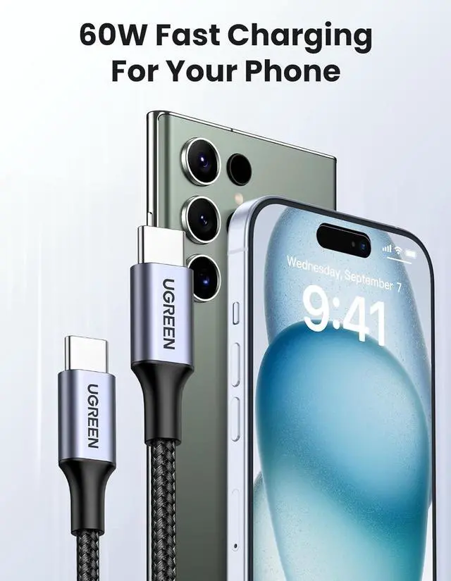Alt view image 2 of 7 - UGREEN USB C to USB C Cable, 60W 2-Pack 3.3 ft. USB C Cable Nylon Braided for iPhone 15, Samsung Galaxy S24, Google Pixel 7, MacBook Air/Pro, Dell XPS, iPad Pro/Mini 6/Air, Switch, Steam Deck