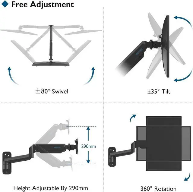 Alt view image 2 of 7 - Monitor Wall Mount Bracket for 13 to 42 Inch Screens, Gas Spring Arm Wall Mount, Height Adjustable Articulating Single Arm Wall Stand with VESA Extended Arm Up to 22.2 Inch, Max VESA 200x200