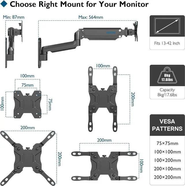 Alt view image 5 of 7 - Monitor Wall Mount Bracket for 13 to 42 Inch Screens, Gas Spring Arm Wall Mount, Height Adjustable Articulating Single Arm Wall Stand with VESA Extended Arm Up to 22.2 Inch, Max VESA 200x200
