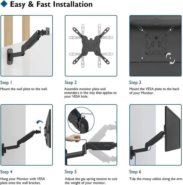 Alt view image 7 of 7 - Monitor Wall Mount Bracket for 13 to 42 Inch Screens, Gas Spring Arm Wall Mount, Height Adjustable Articulating Single Arm Wall Stand with VESA Extended Arm Up to 22.2 Inch, Max VESA 200x200