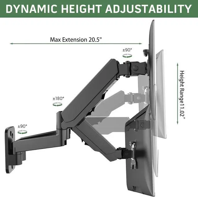 Alt view image 4 of 7 - Dual Monitor Wall Mount, Double Monitor Wall Stand for Two 17-32 inch Flat/Curved Computer Screens, Height Adjustable Gas Spring Monitor Wall Monitor, Hold Up to 17.6lbs, VESA 75/100