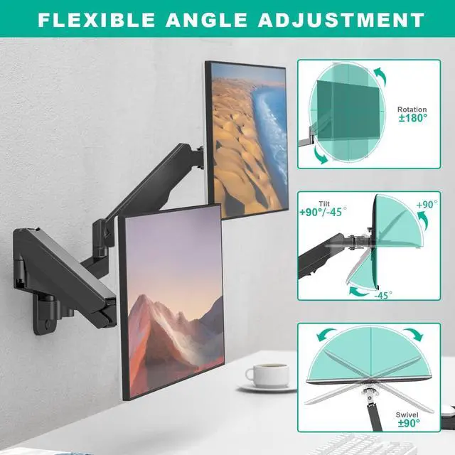 Alt view image 3 of 7 - Dual Monitor Wall Mount, Double Monitor Wall Stand for Two 17-32 inch Flat/Curved Computer Screens, Height Adjustable Gas Spring Monitor Wall Monitor, Hold Up to 17.6lbs, VESA 75/100