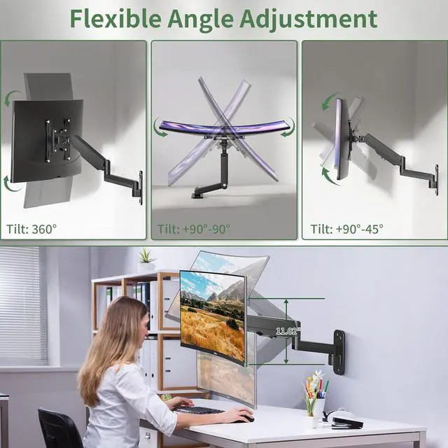 Alt view image 5 of 7 - Monitor Wall Mount, Computer Monitor Wall Mount for 13-35 inch Flat/Curved Screen, Gas Spring Height Adjustable Monitor Mount Wall Arm w/VESA Extension Kit, Max 200x200mm, Holds Max 26.5lbs