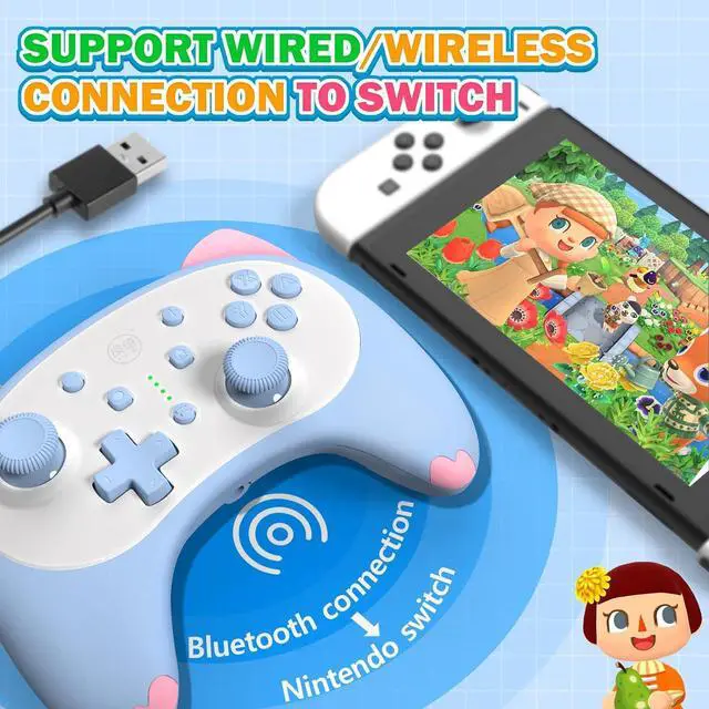 Alt view image 5 of 7 - Cute Switch Controller, Bluetooth Cartoon Kitten Nintendo Switch Controllers Wireless, Kawaii Light Switch Gaming PC Controller with TURBO/Double Vibration Function (Blue)