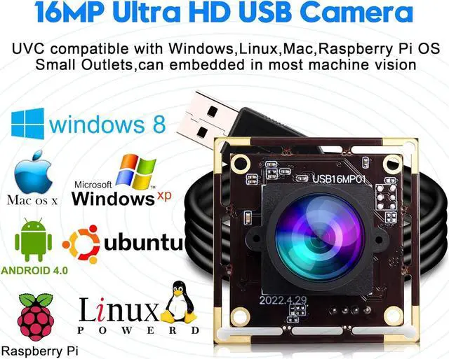 Alt view image 6 of 7 - 16MP Wide Angle USB Camera Module for Raspberry Pi and Computer 4K Mini UVC USB2.0 Video Webcam Board with 118degree No Distortion Lens IMX298 Industrial PC Lightburn Camera for Laptop,Jetson Nano