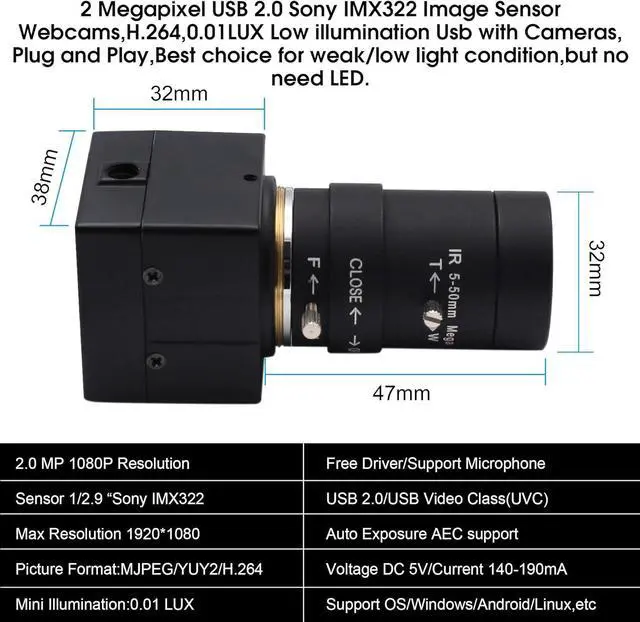 Alt view image 6 of 7 - 5-50mm Varifocal Lens 1080P USB Camera with H.264 High Definition Sony IMX323 Webcam for Android Linux Windows Industrial Video