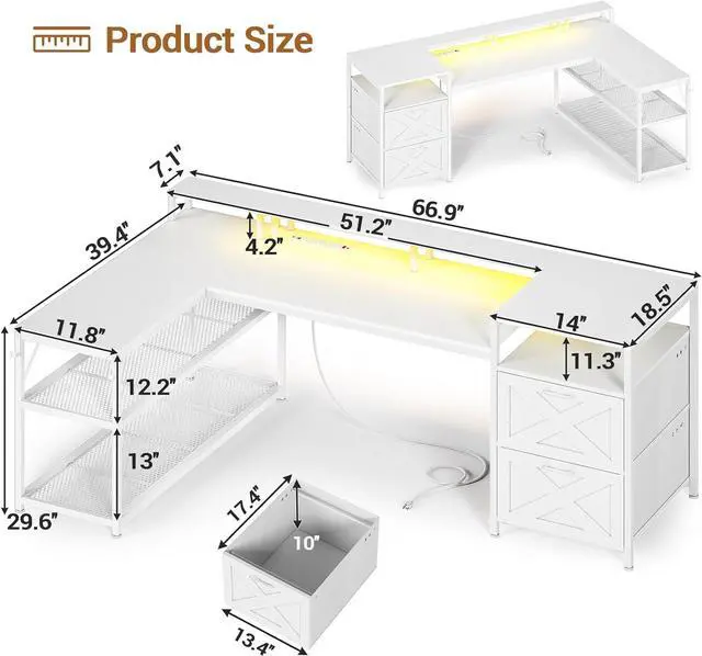 Alt view image 2 of 7 - 67" L Shaped Desk with Drawers, Computer Office Desk with Storage Shelves & Power Outlet, Reversible Gaming Desk with LED Lights for Home Office, White