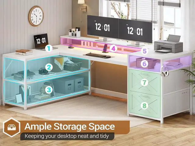 Alt view image 3 of 7 - 67" L Shaped Desk with Drawers, Computer Office Desk with Storage Shelves & Power Outlet, Reversible Gaming Desk with LED Lights for Home Office, White