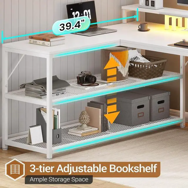 Alt view image 6 of 7 - 67" L Shaped Desk with Drawers, Computer Office Desk with Storage Shelves & Power Outlet, Reversible Gaming Desk with LED Lights for Home Office, White