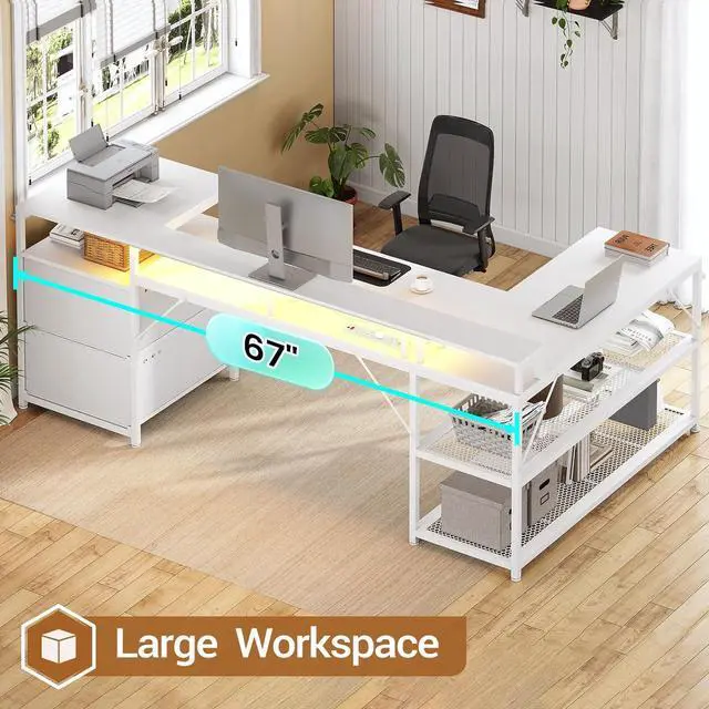 Alt view image 7 of 7 - 67" L Shaped Desk with Drawers, Computer Office Desk with Storage Shelves & Power Outlet, Reversible Gaming Desk with LED Lights for Home Office, White