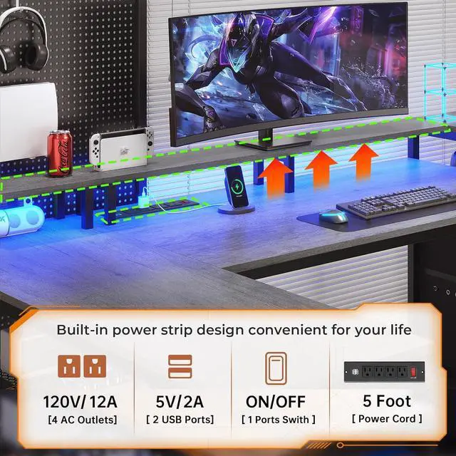 Alt view image 3 of 7 - 67" L Shaped Desk with Drawers, Computer Office Desk with Storage Shelves & Power Outlet, Reversible Gaming Desk with LED Lights for Home Office, Grey
