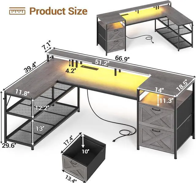 Alt view image 2 of 7 - 67" L Shaped Desk with Drawers, Computer Office Desk with Storage Shelves & Power Outlet, Reversible Gaming Desk with LED Lights for Home Office, Grey