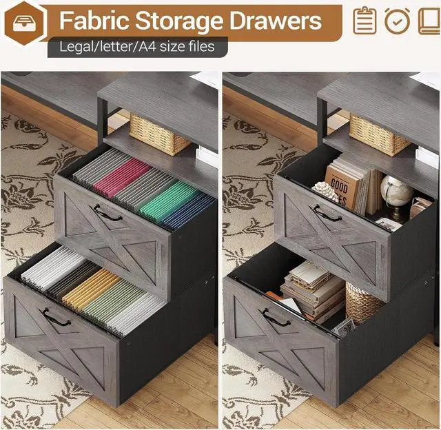 Alt view image 4 of 7 - 67" L Shaped Desk with Drawers, Computer Office Desk with Storage Shelves & Power Outlet, Reversible Gaming Desk with LED Lights for Home Office, Grey