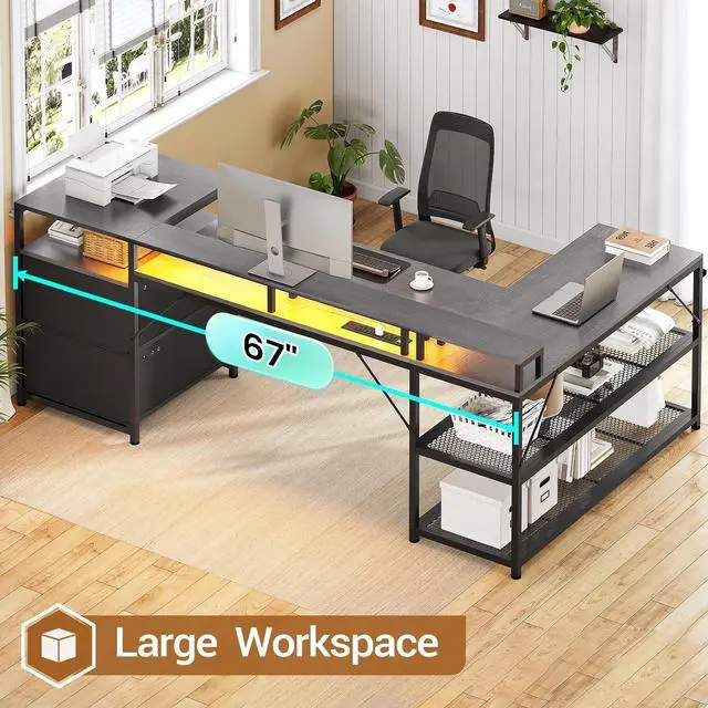 Alt view image 7 of 7 - 67" L Shaped Desk with Drawers, Computer Office Desk with Storage Shelves & Power Outlet, Reversible Gaming Desk with LED Lights for Home Office, Grey