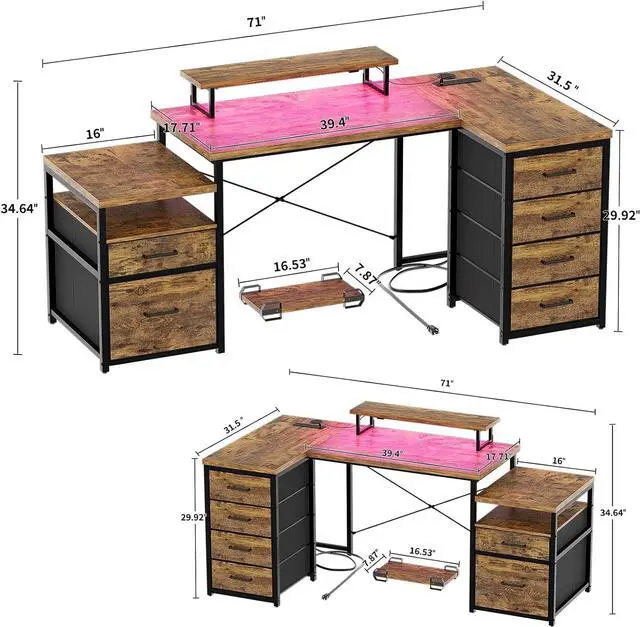 Alt view image 2 of 7 - 70.8" Reversible L Shaped Computer Desk with Fabric File Drawers, Corner Desk with RGB LED Lights & Power Outlets & Monitor Stand, Large Gaming Desk for Home Office Workstation, Rustic Brown