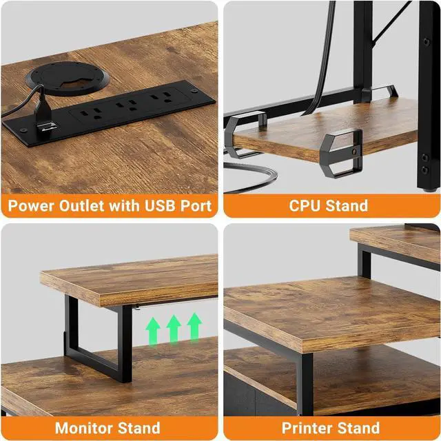 Alt view image 4 of 7 - 70.8" Reversible L Shaped Computer Desk with Fabric File Drawers, Corner Desk with RGB LED Lights & Power Outlets & Monitor Stand, Large Gaming Desk for Home Office Workstation, Rustic Brown