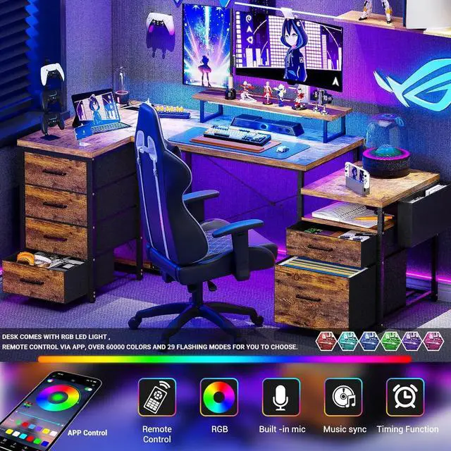 Alt view image 3 of 7 - 70.8" Reversible L Shaped Computer Desk with Fabric File Drawers, Corner Desk with RGB LED Lights & Power Outlets & Monitor Stand, Large Gaming Desk for Home Office Workstation, Rustic Brown
