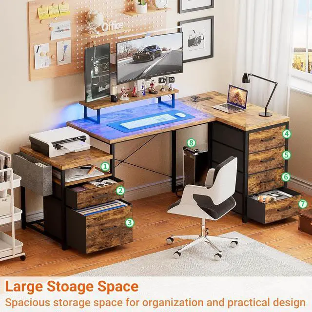 Alt view image 5 of 7 - 70.8" Reversible L Shaped Computer Desk with Fabric File Drawers, Corner Desk with RGB LED Lights & Power Outlets & Monitor Stand, Large Gaming Desk for Home Office Workstation, Rustic Brown