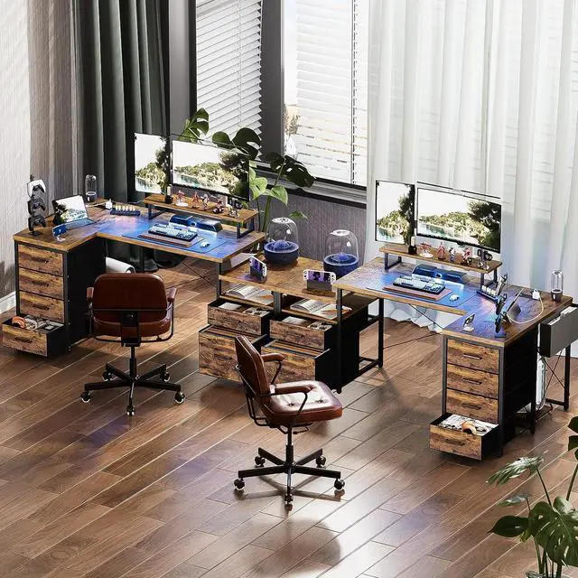 Alt view image 7 of 7 - 70.8" Reversible L Shaped Computer Desk with Fabric File Drawers, Corner Desk with RGB LED Lights & Power Outlets & Monitor Stand, Large Gaming Desk for Home Office Workstation, Rustic Brown