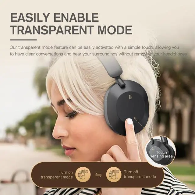 Alt view image 6 of 7 - Solo Hybrid Active Noise Cancelling Headphones,130H Playtime, 6EQ Sound Modes, HiFi Stereo with Microphone, Foldable Lightweight Bluetooth 5.3 Headphones for Travel/Office/Cellphone/PC - Black/Gold