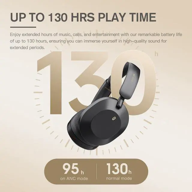 Alt view image 3 of 7 - Solo Hybrid Active Noise Cancelling Headphones,130H Playtime, 6EQ Sound Modes, HiFi Stereo with Microphone, Foldable Lightweight Bluetooth 5.3 Headphones for Travel/Office/Cellphone/PC - Black/Gold