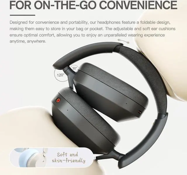 Alt view image 7 of 7 - Solo Hybrid Active Noise Cancelling Headphones,130H Playtime, 6EQ Sound Modes, HiFi Stereo with Microphone, Foldable Lightweight Bluetooth 5.3 Headphones for Travel/Office/Cellphone/PC - Black/Gold
