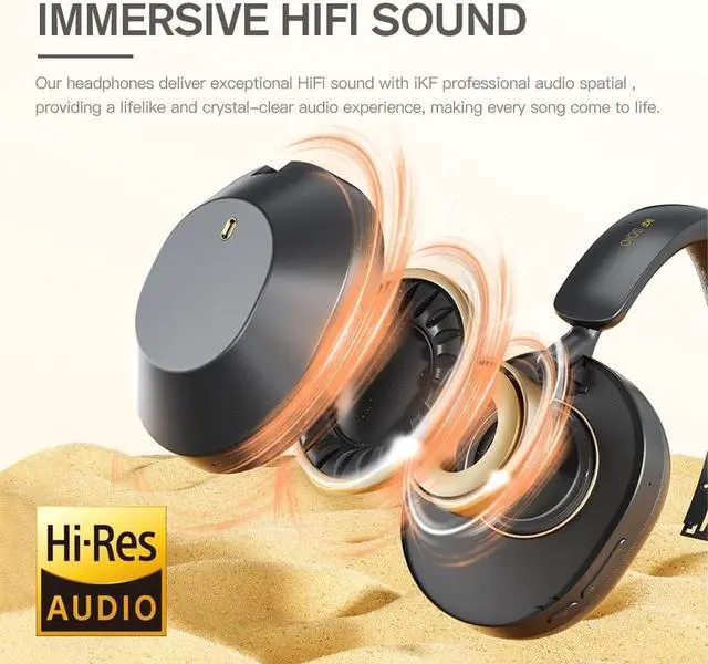 Alt view image 5 of 7 - Solo Hybrid Active Noise Cancelling Headphones,130H Playtime, 6EQ Sound Modes, HiFi Stereo with Microphone, Foldable Lightweight Bluetooth 5.3 Headphones for Travel/Office/Cellphone/PC - Black/Gold