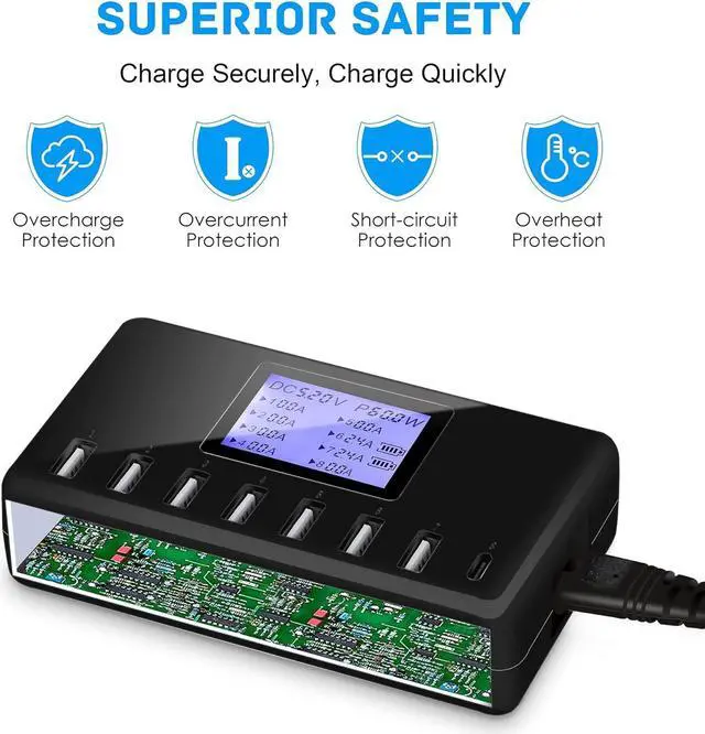 Alt view image 5 of 5 - USB Charger, 60W 12A 8-Port USB Charging Station Multi Port USB Hub Charger Compact Size LCD Display Compatible with iPhone iPad Samsung Kindle Tablet Bluetooth Earbuds and More