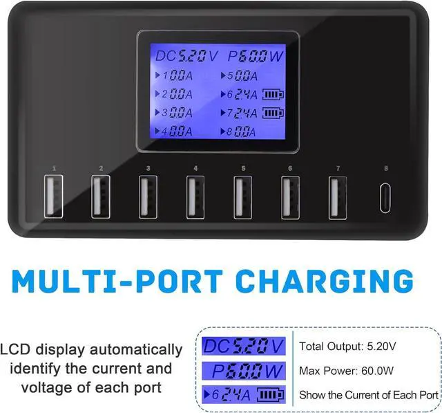 Alt view image 2 of 5 - USB Charger, 60W 12A 8-Port USB Charging Station Multi Port USB Hub Charger Compact Size LCD Display Compatible with iPhone iPad Samsung Kindle Tablet Bluetooth Earbuds and More