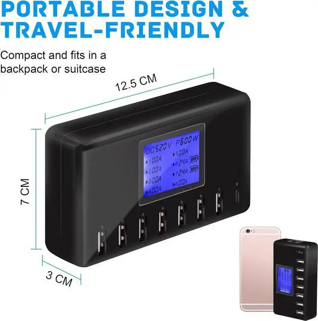 Alt view image 3 of 5 - USB Charger, 60W 12A 8-Port USB Charging Station Multi Port USB Hub Charger Compact Size LCD Display Compatible with iPhone iPad Samsung Kindle Tablet Bluetooth Earbuds and More