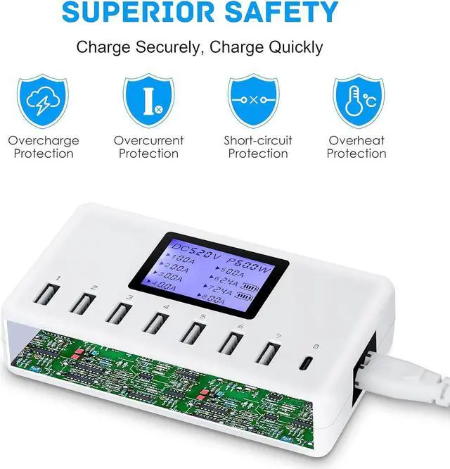Alt view image 5 of 6 - USB Charger, 60W 12A 8-Port USB Charging Station Multi Port USB Hub Charger Compact Size LCD Display Compatible with iPhone iPad Samsung Kindle Tablet Bluetooth Earbuds and More
