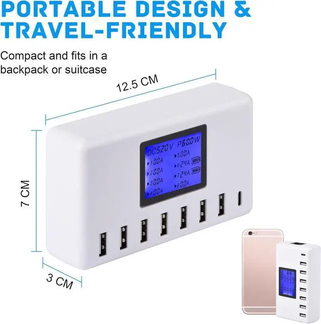 Alt view image 3 of 6 - USB Charger, 60W 12A 8-Port USB Charging Station Multi Port USB Hub Charger Compact Size LCD Display Compatible with iPhone iPad Samsung Kindle Tablet Bluetooth Earbuds and More