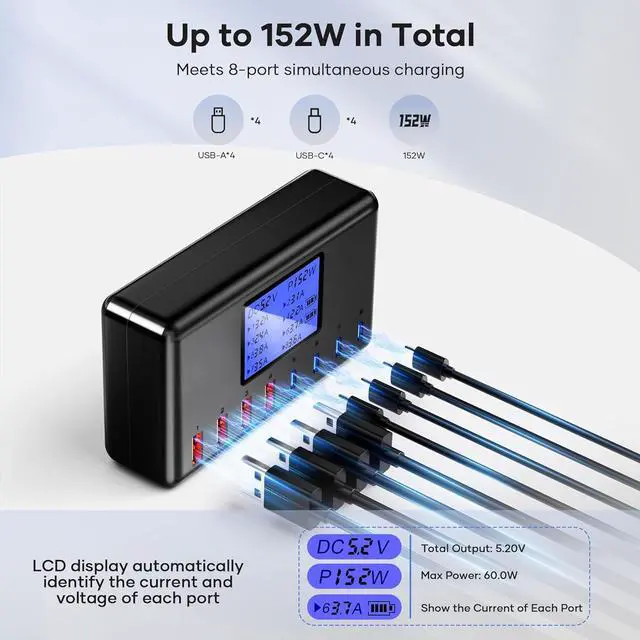 Alt view image 3 of 6 - USB C Charger, slitinto 152W 8-Port Charging Station for Multiple Devices, Multi Charger Station with 4 USB-C & 4 USB-A, Fast Charger for iPhone 15/14/13/12, Samsung S23/S22/S21, Tablet, Desktop