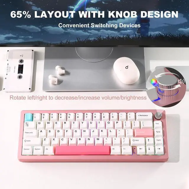Alt view image 6 of 7 - Wireless Mechanical Keyboard,65% Knob Control Aluminum Gaming Keyboard BT/2.4G/Wired Hot Swappable Pre-lubed Switches, Gasket Mounted RGB Keyboard for Win/Mac(Milk Switch, Pink)