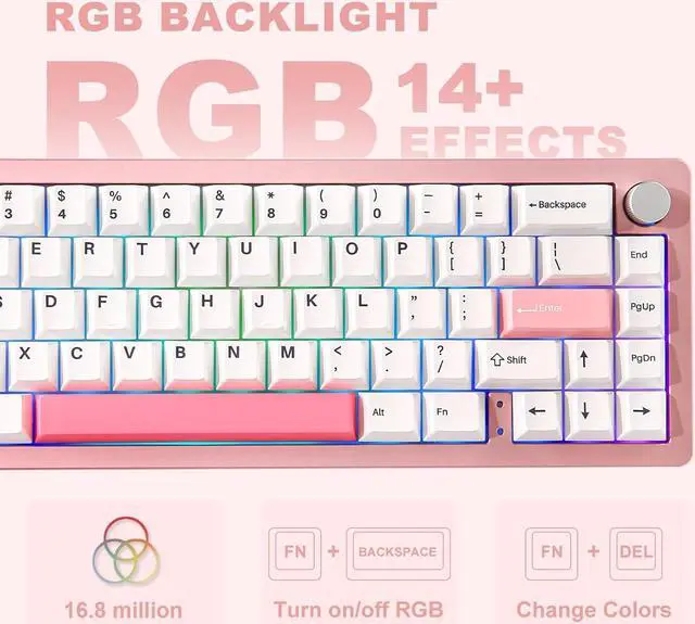 Alt view image 4 of 7 - Wireless Mechanical Keyboard,65% Knob Control Aluminum Gaming Keyboard BT/2.4G/Wired Hot Swappable Pre-lubed Switches, Gasket Mounted RGB Keyboard for Win/Mac(Milk Switch, Pink)