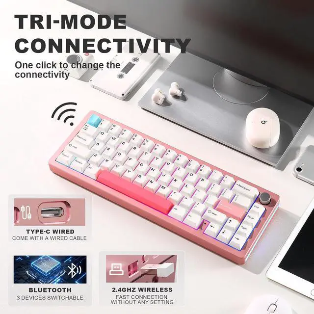Alt view image 7 of 7 - Wireless Mechanical Keyboard,65% Knob Control Aluminum Gaming Keyboard BT/2.4G/Wired Hot Swappable Pre-lubed Switches, Gasket Mounted RGB Keyboard for Win/Mac(Milk Switch, Pink)