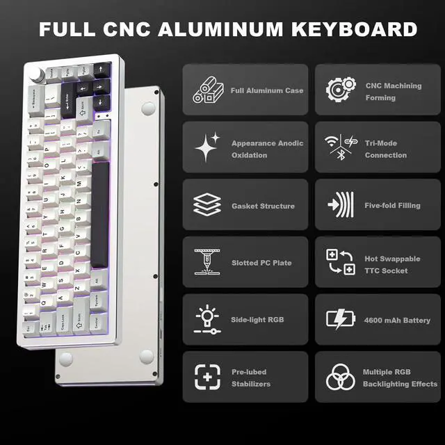 Alt view image 2 of 7 - Wireless Mechanical Keyboard,65% Knob Control Aluminum Gaming Keyboard BT/2.4G/Wired Hot Swappable Pre-lubed Switches, Gasket Mounted RGB Keyboard for Win/Mac(Milk Switch, Silver)
