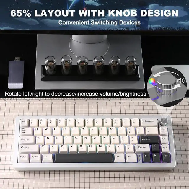 Alt view image 6 of 7 - Wireless Mechanical Keyboard,65% Knob Control Aluminum Gaming Keyboard BT/2.4G/Wired Hot Swappable Pre-lubed Switches, Gasket Mounted RGB Keyboard for Win/Mac(Milk Switch, Silver)