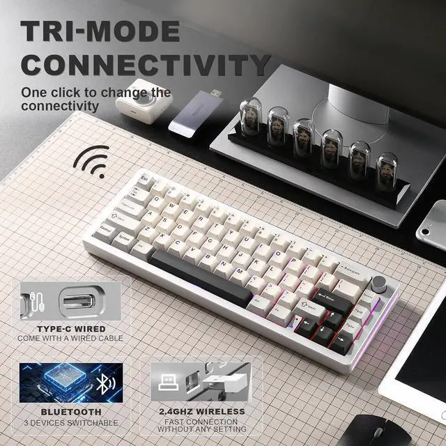 Alt view image 7 of 7 - Wireless Mechanical Keyboard,65% Knob Control Aluminum Gaming Keyboard BT/2.4G/Wired Hot Swappable Pre-lubed Switches, Gasket Mounted RGB Keyboard for Win/Mac(Milk Switch, Silver)