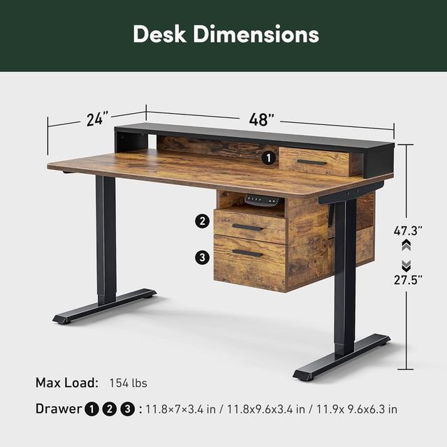 Alt view image 3 of 7 - Whole-Piece Electric Standing Desk Adjustable Height with 3 Drawers, 48 x 24 inches Stand up Desk with Monitor Shelf, Sit Stand Rising Desk with Open Storage, Rustic Brown