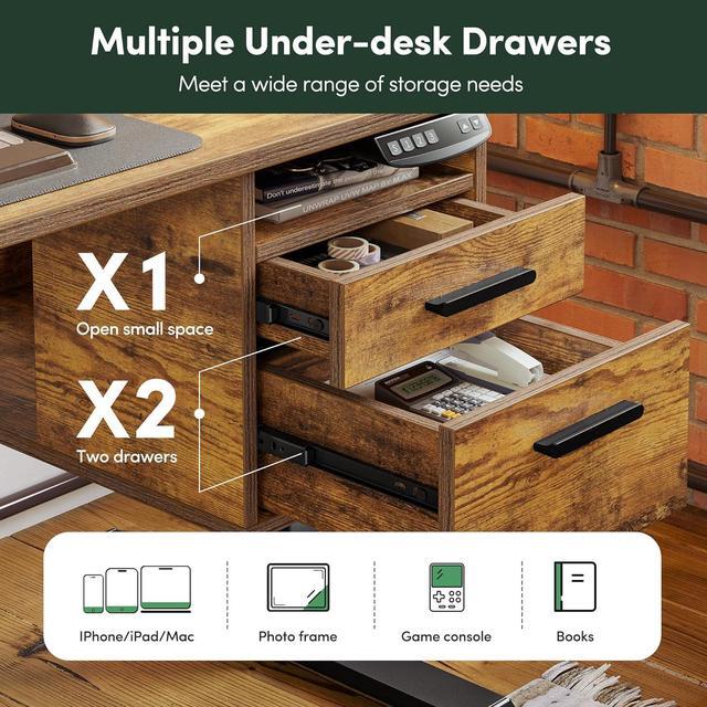 Alt view image 6 of 7 - Whole-Piece Electric Standing Desk Adjustable Height with 3 Drawers, 48 x 24 inches Stand up Desk with Monitor Shelf, Sit Stand Rising Desk with Open Storage, Rustic Brown