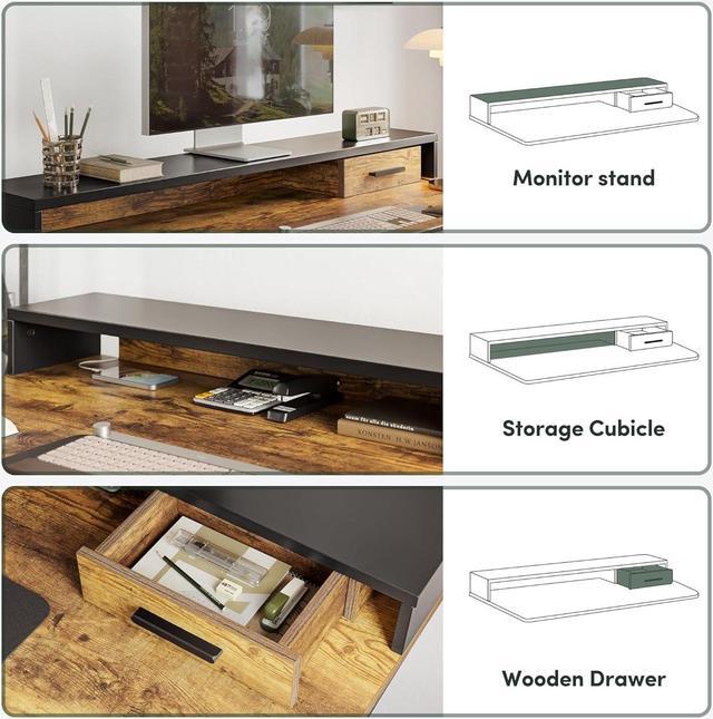 Alt view image 4 of 7 - Whole-Piece Electric Standing Desk Adjustable Height with 3 Drawers, 48 x 24 inches Stand up Desk with Monitor Shelf, Sit Stand Rising Desk with Open Storage, Rustic Brown