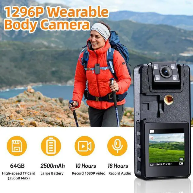 Alt view image 2 of 7 - 64GB Body Camera, 1296P Body Cam (2500mAh) with IR Night Vision, 180° Rotatable Lens and 3 Sturdy Clips, Camcorder with Audio and Video Recording, Ideal for Police Civilians Hikers Cyclists