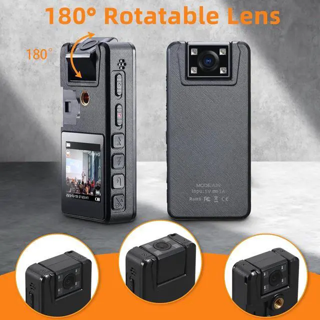 Alt view image 4 of 7 - 64GB Body Camera, 1296P Body Cam (2500mAh) with IR Night Vision, 180° Rotatable Lens and 3 Sturdy Clips, Camcorder with Audio and Video Recording, Ideal for Police Civilians Hikers Cyclists